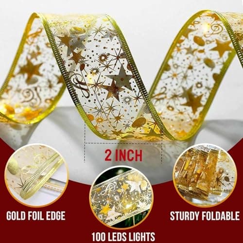 YUNGSUN Gold Christmas Tree Decorations Ribbon Lights, 64ft 200 LED String Lights, Battery-Powered Copper Wire Ribbon Lights for Holiday Party Weddings Indoor Christmas Tree Decorations - Thumbnail 4