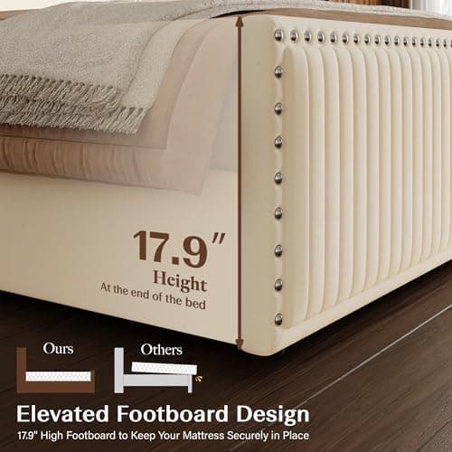Belffin Queen Bed Frame with 55.1" Tall Headboard, Upholstered Soft Velvet Platform Bed with Nailhead Trim Wingback Design, Strong Wooden Slats, No Box Spring Needed, Noise-Free, Easy Assembly, White - Thumbnail 6