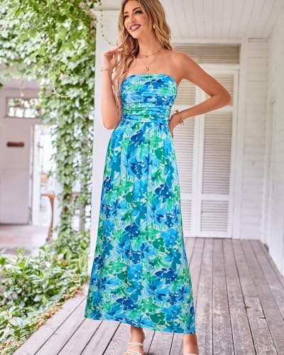 GRACE KARIN Women's 2024 Summer Bohemian Floral Printed Strapless Beach Party Long Maxi Dress - Thumbnail 2