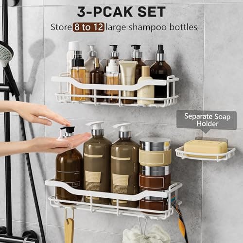 OMAIRA 3-Pack Shower Caddy with Soap Holder, Adhesive Rustproof No-drill Strudy Loading Inside Shower Organizer Shelves Rack Storage Bathroom Organization for Smooth Wall Glass Tile, White (X-Large) - Thumbnail 4