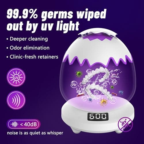 Ultrasonic Retainer Cleaner Machine for Dentures | 45kHz Dental Cleaning Pod for Aligner, Nightguard, Braces, Jewelry, Watch, 3 Timer Modes - with Cooling Fan & Removable Base (Light Purple) - Thumbnail 2