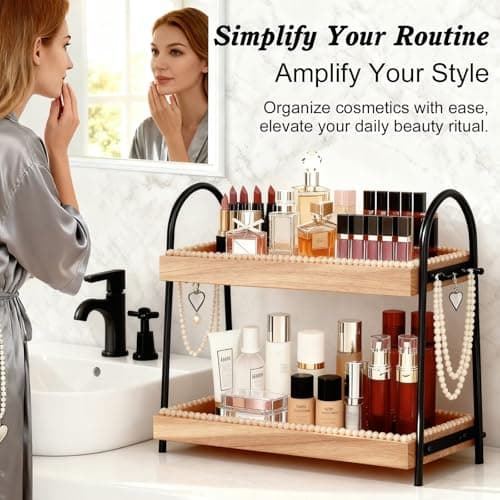 Xumilas 2-Tier Bathroom Countertop Organizer with 8 Hooks -Wooden Perfume & Makeup Storage Tray for Vanity Dresser, Farmhouse Skincare Organizer & Jewelry Holder for Kitchen Coffee Station - Thumbnail 3