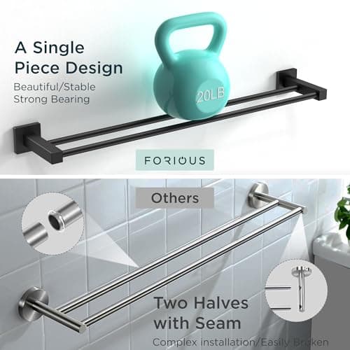 FORIOUS Black Double Towel Bar 24 Inch, Double Towel Racks for Bathroom Wall, Heavy Duty SUS304 Stainless Steel Square Dual Towel Bar Wall Mount, Matte Black - Thumbnail 5