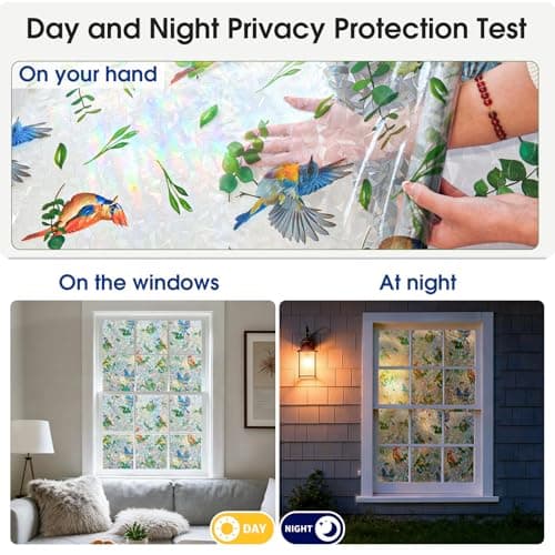Stained Glass Privacy Window Film 3D Rainbow Bird & Leaf Window Privacy Film Decorative Static Cling UV Blocking No Peeling No Glue with Installation Kit for Kitchen Bathroom Rental 29.5" W x 78.7" H - Thumbnail 4