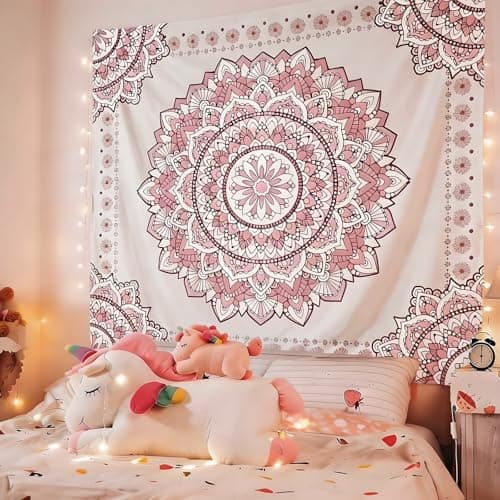 Atrippy Boho Pink Mandala Wall Tapestry for Bedroom, White and Pink Aesthetic Tapestry Room Decor for Teen Girls, Art Floral Wall Hanging for College Dorm (51''x60'') - Thumbnail 3