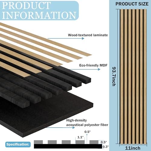 Wood Slat Acoustic Panels 2-Piece, 94” x 11” Acoustic Wall Panels, Soundproof Wooden Wall Panels, 3D Fluted Wood Panels for Interior Acoustic Wall Panels, Sound Absorbing Panel - Thumbnail 5
