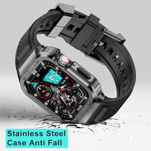 Deczone Band with Stainless Steel Case Compatible with Apple Watch Series 9 8 7 45mm Band, iwatch Bands Rugged Metal Protective Cover for Men (Grey) - Thumbnail 3