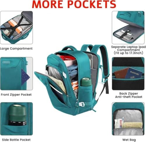 Carry on Backpack, Flight Approved Extra Large Travel Backpack with USB Charge Port, TSA 15.6 Inch Anti-Theft Laptop Backpack Lightweight Daypack Business College Weekender Overnight Bag, dark green - Thumbnail 2