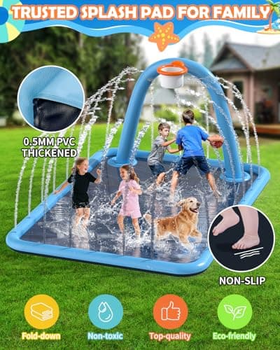 Octaplay Splash Pad for Kids & Dogs, 102x87'' Large Sprinkler Pad Water Toys with Basketball Hoop, Thickened Non-Slip Splash Mat, Foldable Play Pool & Outdoor Summer Toys Ages 4-12 (110" Splash Pad) - Thumbnail 3