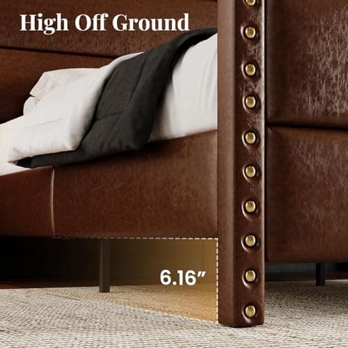 Uteeran King Size Bed Frame with Storage Shelf & Charging Station, 55" Tall Headboard & 25.6" Footboard, Faux Leather Upholstered Platform Bed with Big Rivets Wingback, Heavy Duty & Noise-Free, Brown - Thumbnail 4