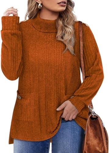 Amrto Womens Plus Size Burnt Orange Sweater for Curvy Ladies Cowl Neck Long Sleeve Light Weight Fall Clothes Tunic Sweater Office Outdoor Shopping Weekend Lounge Wear with Jeans Trousers Gift Teacher - Image 1