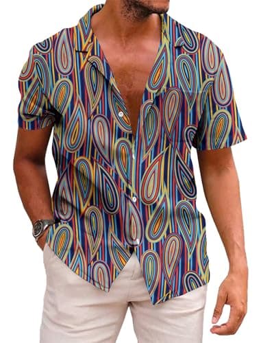 KYKU Neon Striped Shirt Psychedelic Shirts for Men Button Down Short Sleeve with Pockets, Colourful Geometric, S - Image 1