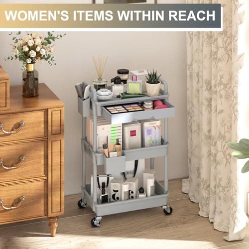 Goovilla 3 Tier Rolling Utility Cart Organizer with Removable Drawer, Stable and Sturdy Grey Rolling Storage Carts with 2 Lockable Wheels for Bathroom, Kitchen, Snack, Craft, Makeup, Baby Essentials - Thumbnail 5