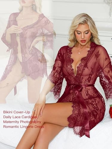 Rigeri Red Lingerie Lace Kimono Robe Sexy Costumes Honeymoon Wine Red M - Thumbnail 2