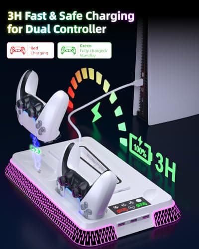 Cooling Station and Console Stand for PS5/Pro/Slim, Dual Controller Charging Station with Ambient RGB Lighting for PlayStation 5, PS5 Stand Controller Charger for Disc & Digital with Cooling Fan - Thumbnail 3