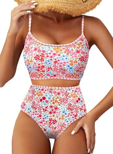 Herseas Women's Bikini All Over Floral Print Stitch 2 Piece Modest Swimsuit High Waisted Bathing Suits Stretchy Scoop Vacation Outfits - Image 1