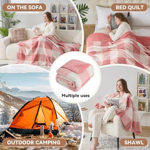 LURKA Checkered Sherpa Fleece Throw Blanket – Soft and Cozy, Medium Weight for All Season, Plush Throw for Couch, Bed & Pets, Powder Pink, 50x60 Inches - Thumbnail 6