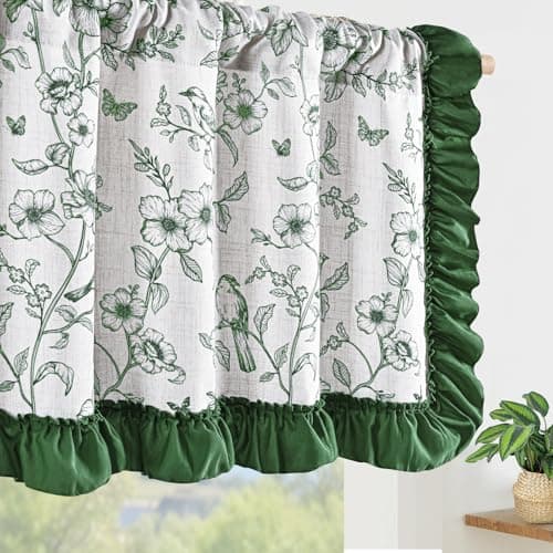 Yinhua Green Floral Valances for Windows with Ruffle, Farmhouse French Linen Window Valances Curtains, Light Filtering Rod Pocket Kitchen Curtains Valance for Living Room Bathroom, 52" W x 18" L - Image 1