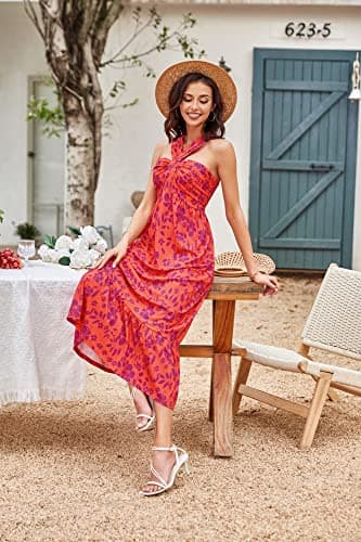GRACE KARIN 2025 Summer Women's Criss Cross Halterneck Sleeveless Floral Print Flowy A Line Maxi Dress Orange Purple XXL - Thumbnail 6