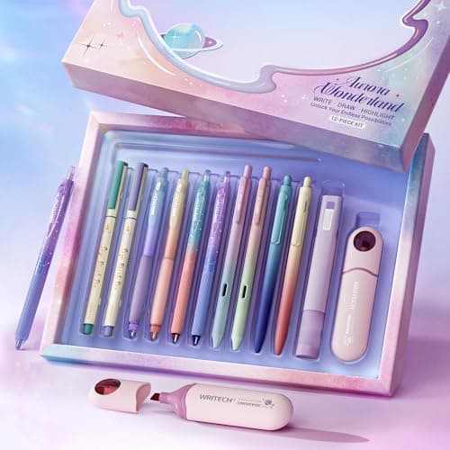 WRITECH Gel Ink Pens Journaling: Aurora Wonderland Pen Set, Gradient Barrels Black Ink Pens Pastel Highlighters Brush Markers, No Bleed Smooth Writing Drawing Gift for Friends 12ct - Image 1