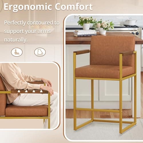 LUE BONA Bar Stools Set of 2, Counter Height Bar Stools with Backs and Arms, Modern BarStools with Metal Legs, Upholstered Bar Chairs for Kitchen Islands, Brown and Gold - Thumbnail 3