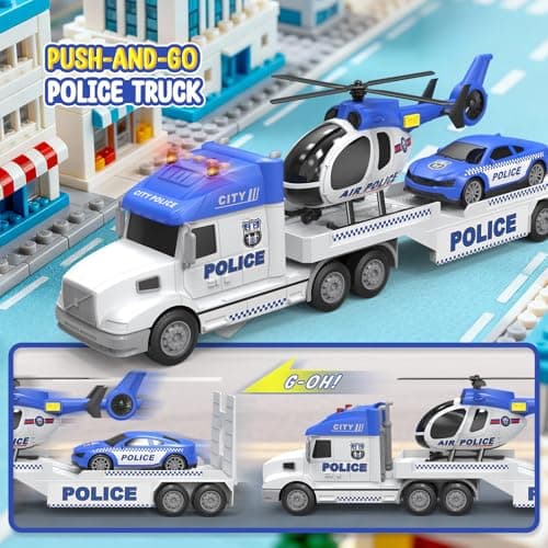 Toddler Toys for 3 4 5 6 Year Old Boys - 27" Large Police Semi Truck Toy with Racing Car and Helicopter, 3-in-1 Friction Powered Transport Vehicle with Lights Sounds, Christmas Birthday Gifts for Boys - Thumbnail 4