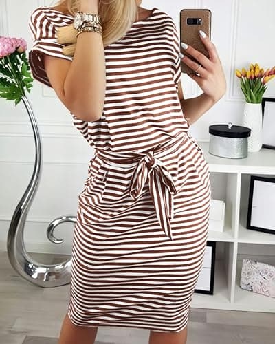 PRETTYGARDEN Women's Summer Short Sleeve Crewneck Striped Dress Basic Solid Tie Waist Office T Shirt Dresses Pockets(Striped Coffee,X-Large) - Thumbnail 2