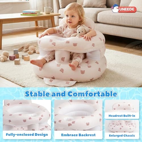UNEEDE Inflatable Baby Seat for 3 Months & up, Infant Floor Baby Chair with Fence & Built in Air Pump,Lightweight Travel Baby Bath Seat for Home, Camping， Beach & Outdoor - Thumbnail 6