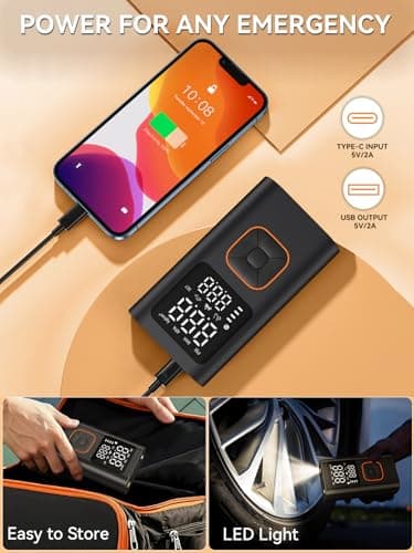JivDaw Tire Inflator Portable Air Compressor Bike Pump with Digital Dual Values Display, 150PSI Car Tires Air Pump with USB Charging Output for Car Bicycle Motorcycles Scooter Balls - Thumbnail 3