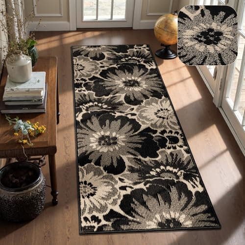Findosom Hallway Runner Rug 2x6, Non Slip High-Low Textured Floral Washable Runner Rug with Rubber Backing, Boho Carpet Runner for Kitchen, Entryway, Bedroom, Laundry, Black & Beige - Image 1