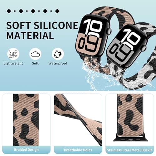 XSMDAJDTXZ 2 Pack Stretchy Solo Loop Compatible with Apple Watch Band 40mm 41mm 44mm 45mm 46mm 49mm 38mm 42mm Women Men, Sport Nylon Elastic Straps Braided Wristbands for iphone Watch Series 11 10 9 8 7 6 5 4 3 Ultra SE (rosecow/cow, 38mm/40mm/41mm/42mm(Series 10)) - Thumbnail 3