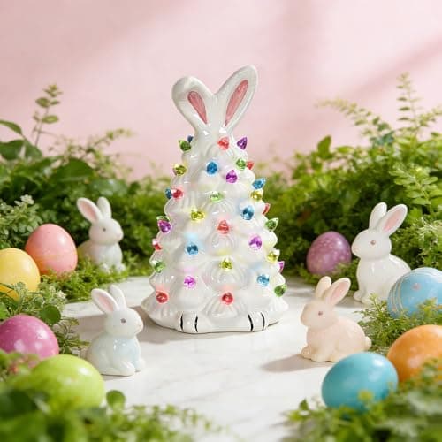 WYEDJHF Cute Ceramic Easter Tree Bunny Decor, Light up Easter Bunny Decor Spring Decorations for Indoor Bedroom Office Decor Tabletop for Kid Gifts (White) - Thumbnail 2