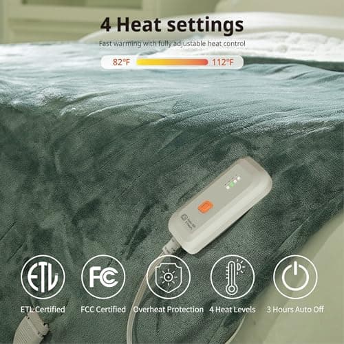 GOTCOZY Heated Blanket Electric Throw 50''X60''- Soft Silky Plush Electric Blanket with 4 Heating Level & 3 Hour Auto Off Heating Blanket, ETL Certified Machine Washable (Green) - Thumbnail 4