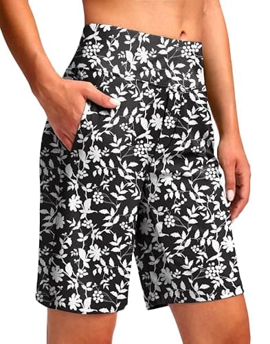 Viodia Women's 9" Long Swim Shorts Modest Swimsuits Bathing Suit Knee Length Bermuda Board Shorts for Women with Pocket Black Flower - Image 1