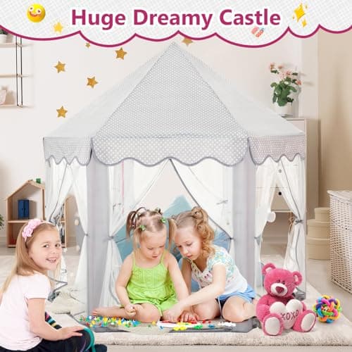 Monobeach Princess Tent Girls Large Playhouse Kids Castle Play Tent with Star Lights Gift Toy for Children Indoor and Outdoor Games, 55'' x 53'' (DxH) (Grey) - Thumbnail 2