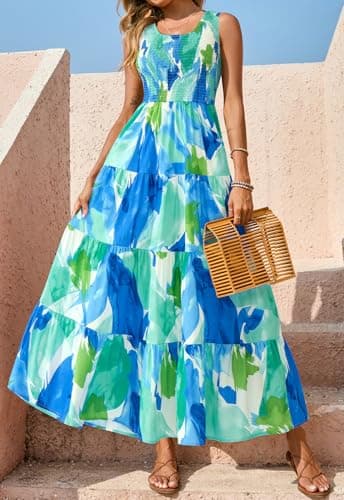 PRETTYGARDEN Elastic Straps Casual Dresses for Women Loose Maternity Dress Sleeveless Floral Beach Vacation Outfits for Women (Blue Green White Flower, XX-Large) - Thumbnail 5