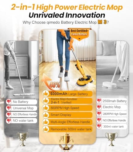 qimedo 6000mAh Battery Cordless Electric Mop M3 Pro, 800RPM Electric Power Scrubber & Mops for Floor Cleaning, Automatic Spin Mops with Smart Display,Rotating Mop with LED Light & Water Spray - Thumbnail 3