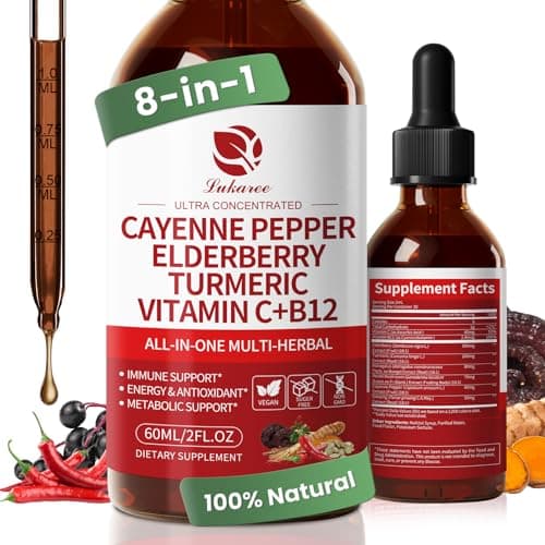 Cayenne Pepper Drops, 8-in-1 Complex - Elderberry, Turmeric Curcumin, Astragalus, Ginseng, Vitamin C & B12, Organic Liquid Supplement, Fast Absorbing Berry Flavor, 2 FL OZ – Daily Wellness Support - Image 1