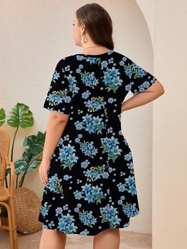 AusLook Plus Size Midi Dress for Women Black Blue Lily Bouquet 4X Short Sleeve Loose V Neck Summer Casual A Line Knee Length Work Outfit T Shirt 2026 Sundresses with Pockets - Thumbnail 6