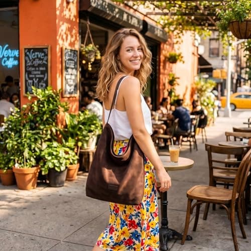 VLFMK Faux Suede Tote Bag for Women, 2-in-1 Minimalist Shoulder Bag with Internal Pouch, Large Slouchy Vegan Leather Purse with unadjustable wide strap for Work and Commute - Thumbnail 2