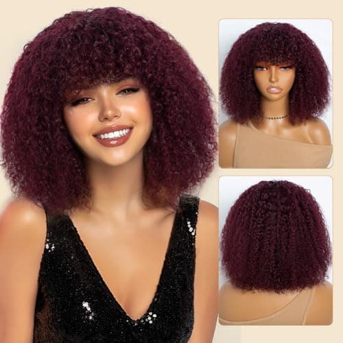 JOEDIR HAIR Human Hair Wig Afro Kinky Curly Fluffy Wig for Black Women Wear and Go Wig with Bangs Glueless Wigs 250% Density (99J, 12 inch) - Image 1