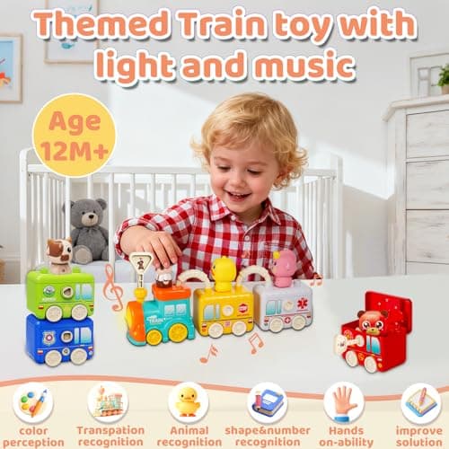 Montessori Train Toys for 2 3 4 Year Olds - Toddler Learning Train Set with Lights & Sounds, 6 Vehicle Transport, Lock & Key Activity, Farm Animal Finger Puppets, Easter Birthday Gift for Boys Girls - Thumbnail 2