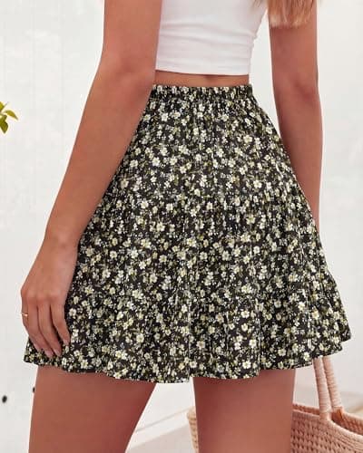 BTFBM Summer Skirts for Women 2026 Floral High Waist Shorts Underneath Boho Tiered Flowy Tennis Skorts Casual Mini Skirt(Floral Black, Medium) - Thumbnail 3