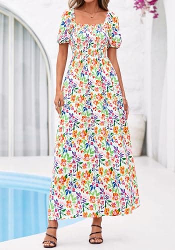 BTFBM Spring Summer Dresses for Women 2026 Puff Short Sleeve Smocked Floral Print Boho Beach Wedding Guest Maxi Dress(Floral Light Green Multi, Small) - Thumbnail 5