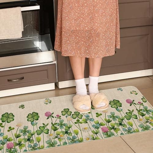 Printspree Lucky Clover Kitchen Rugs Set of 2, Shamrock and Floral Design for Kitchens, Doorways, and St. Patrick's Day Decor, Non-Slip Rubber Backing Floor Mats, 17x29 and 17x47 Inch - Thumbnail 6