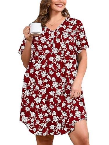 AusLook Plus Size Floral Nightgown for Women Midi Sleep 2X Dress Short Sleeve V Neck Flowy Lounge House Dress Casual Printed Night Dress - Image 1