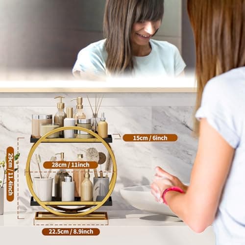YIWANFW Makeup Organizer for Vanity, Black Gold Perfume Organizer for Dresser, 2-Tier Bathroom Countertop Organizers, Bathroom Counter Shelf Skincare Holder Perfume Tray Cosmetic Display - Thumbnail 3
