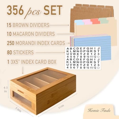 Homie Finds Bamboo Index Card Box Set - 3x5 Index Card Holder with Dividers and Morandi Cards - Wood Recipe Box with Lid (Holds 1200 Cards) - Thumbnail 3