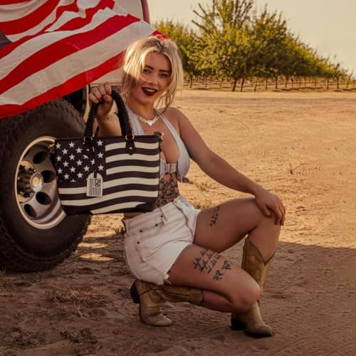 Montana West American Flag Tote Bag for Women Vintage Patriotic Western Shoulder Purse with Braided Top Handles and Crossbody Strap for Work Travel Everyday Use MW-HB-1385G-8317BK - Thumbnail 2