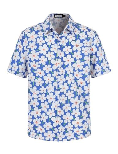 TIXMIE Mens Cotton Hawaiian Shirt - Casual Short Sleeve Button Down Shirts, Tropical Floral Shirt for Summer Beach Vacation Party Blue - Thumbnail 2